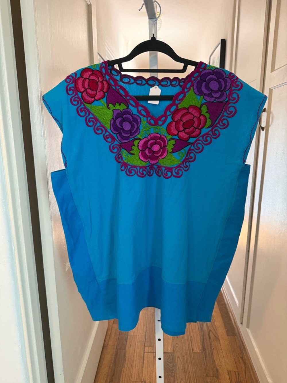 Vibrant Blue Embroidered Floral V-Neck Tunic